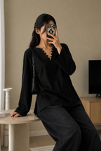 Elegant Rayon V-neck Top with Scallop Details