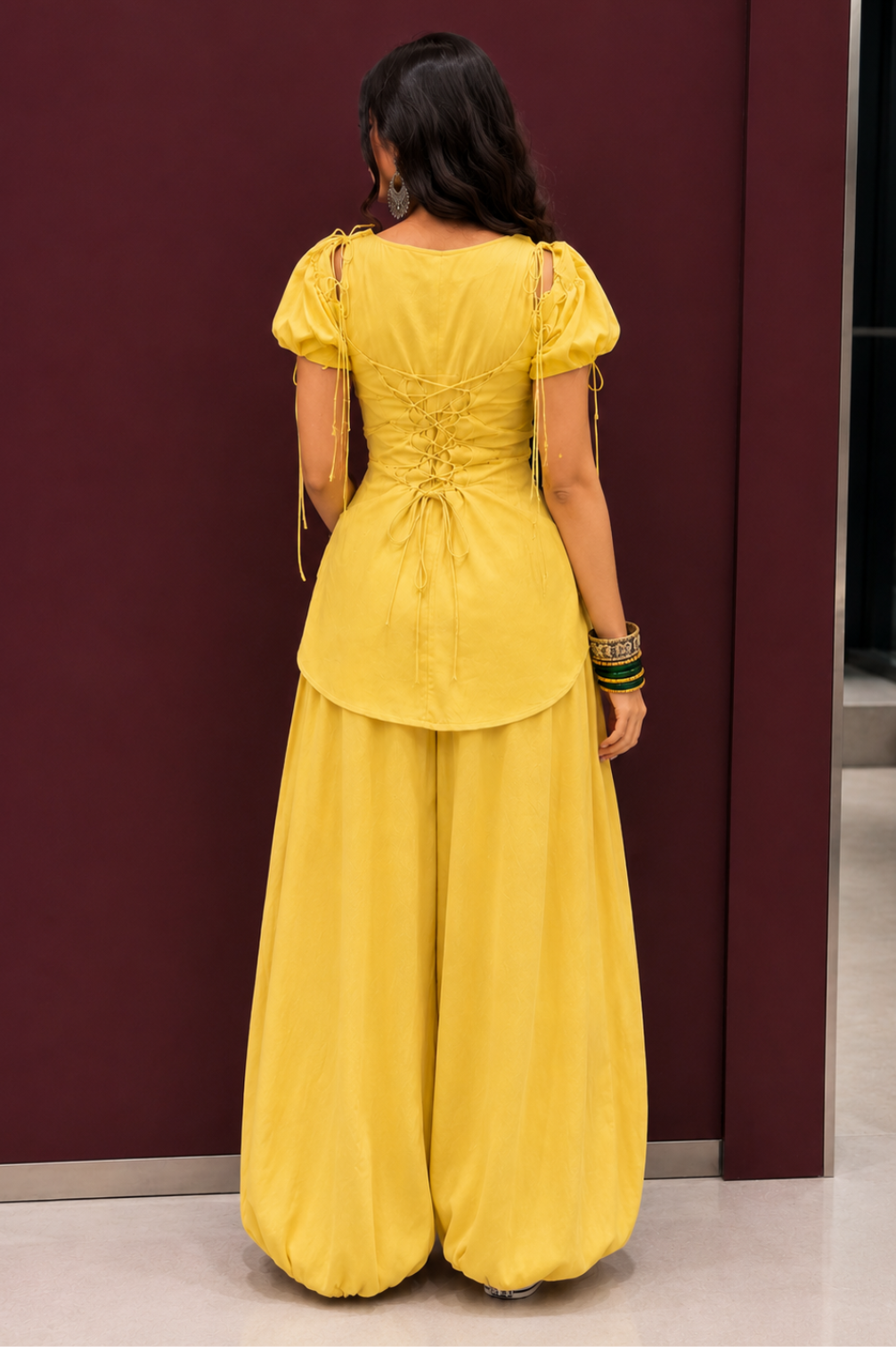 Two Piece Detachable Puff Sleeve Kurti with Corset Back Detail with Balloon Pant