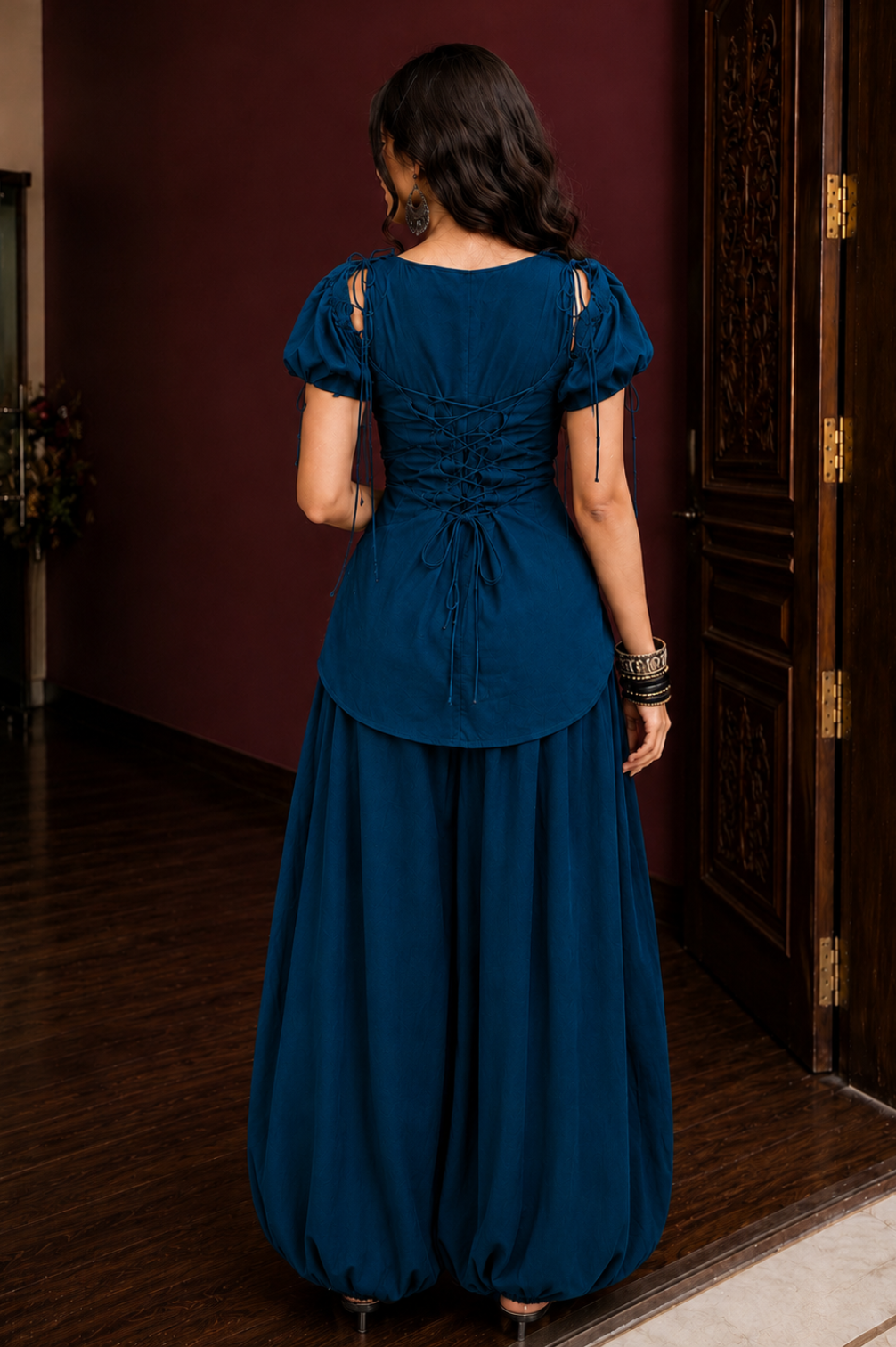 Two Piece Detachable Puff Sleeve Kurti with Corset Back Detail with Balloon Pant