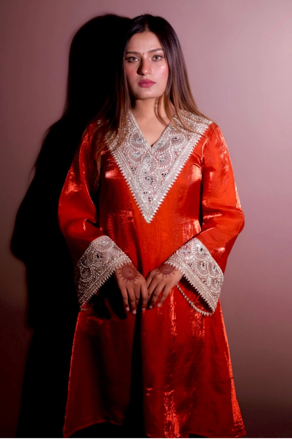 V-neck A-line Kurta With Heavy Embroidery & High-waist Pant