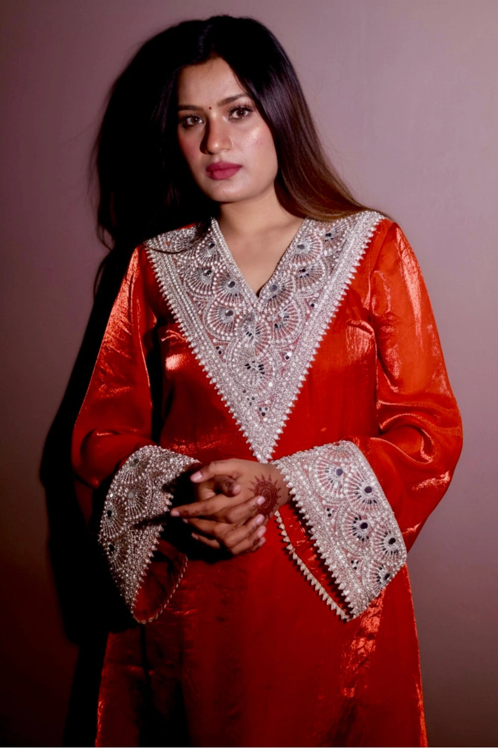 V-neck A-line Kurta With Heavy Embroidery & High-waist Pant