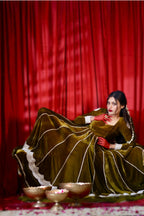 Olive Green Velvet Anarkali With Dupatta  (Heavy Flair With Embroidery)