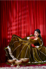 Olive Green Velvet Anarkali With Dupatta  (Heavy Flair With Embroidery)