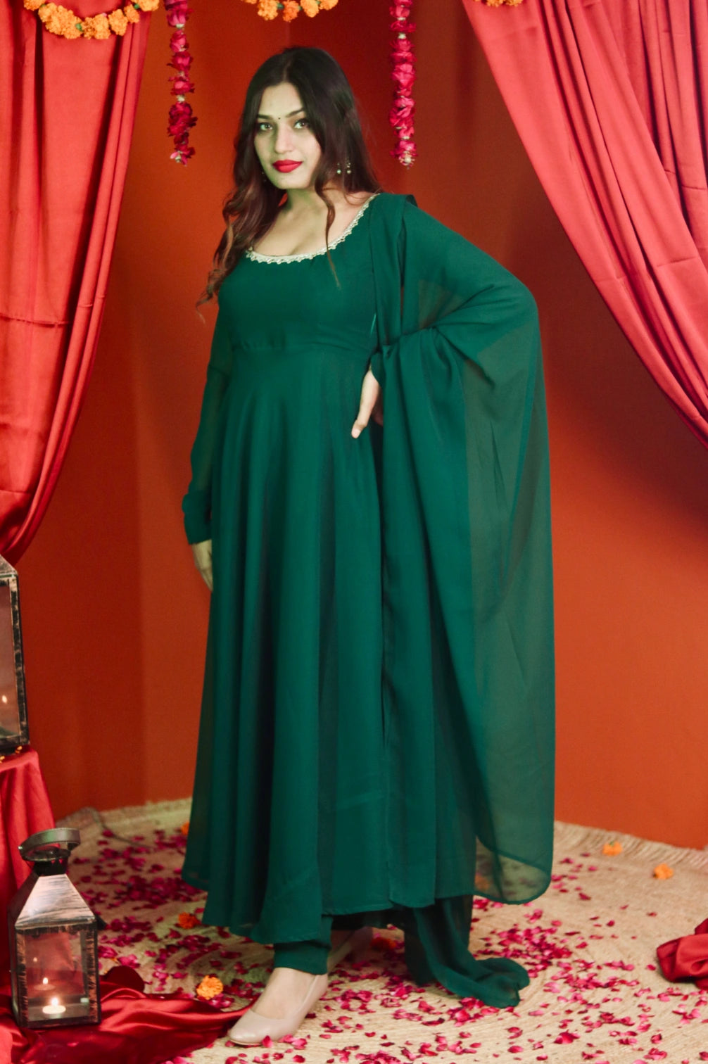Dark Green Anarkali With Pant And Dupatta