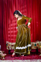 Olive Green Velvet Anarkali With Dupatta  (Heavy Flair With Embroidery)