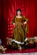 Olive Green Velvet Anarkali With Dupatta  (Heavy Flair With Embroidery)