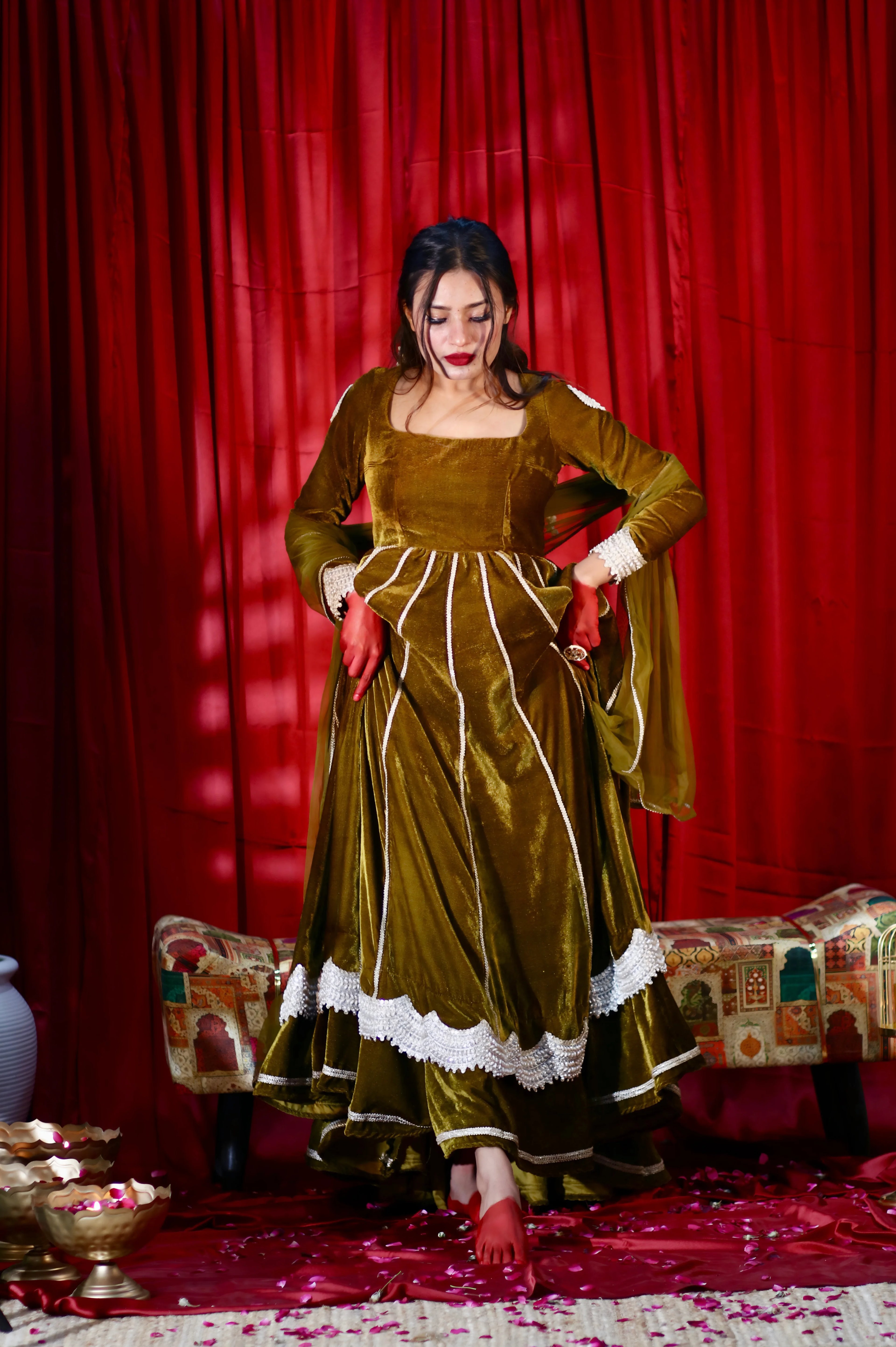 Olive Green Velvet Anarkali With Dupatta  (Heavy Flair With Embroidery)