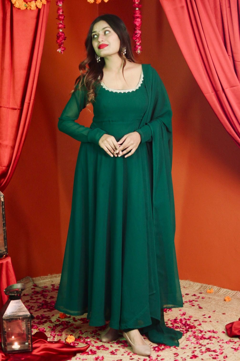 Dark Green Anarkali With Pant And Dupatta