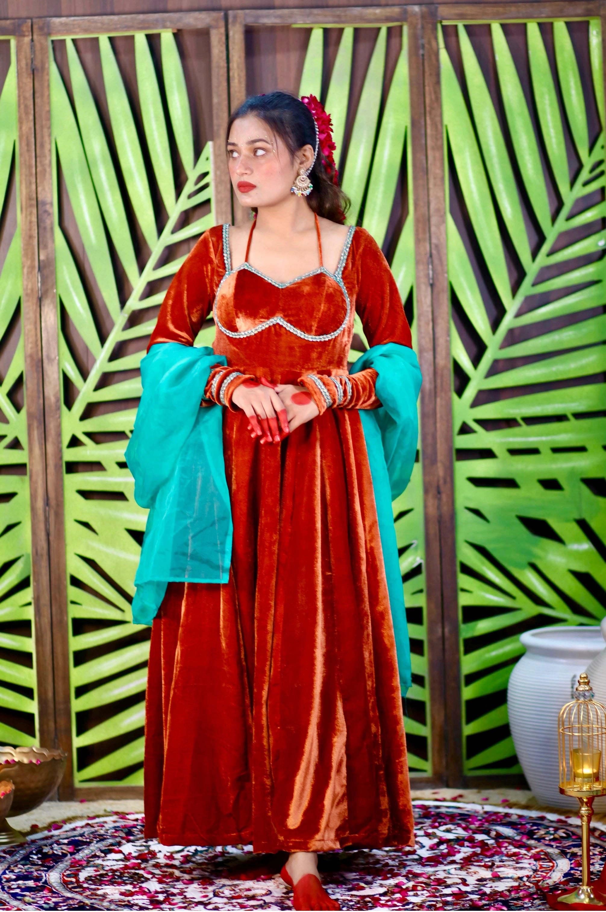 RUST COLOUR VELVET ANARKALI WITH DUPATTA (HEAVY FLAIR)