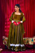 Olive Green Velvet Anarkali With Dupatta  (Heavy Flair With Embroidery)
