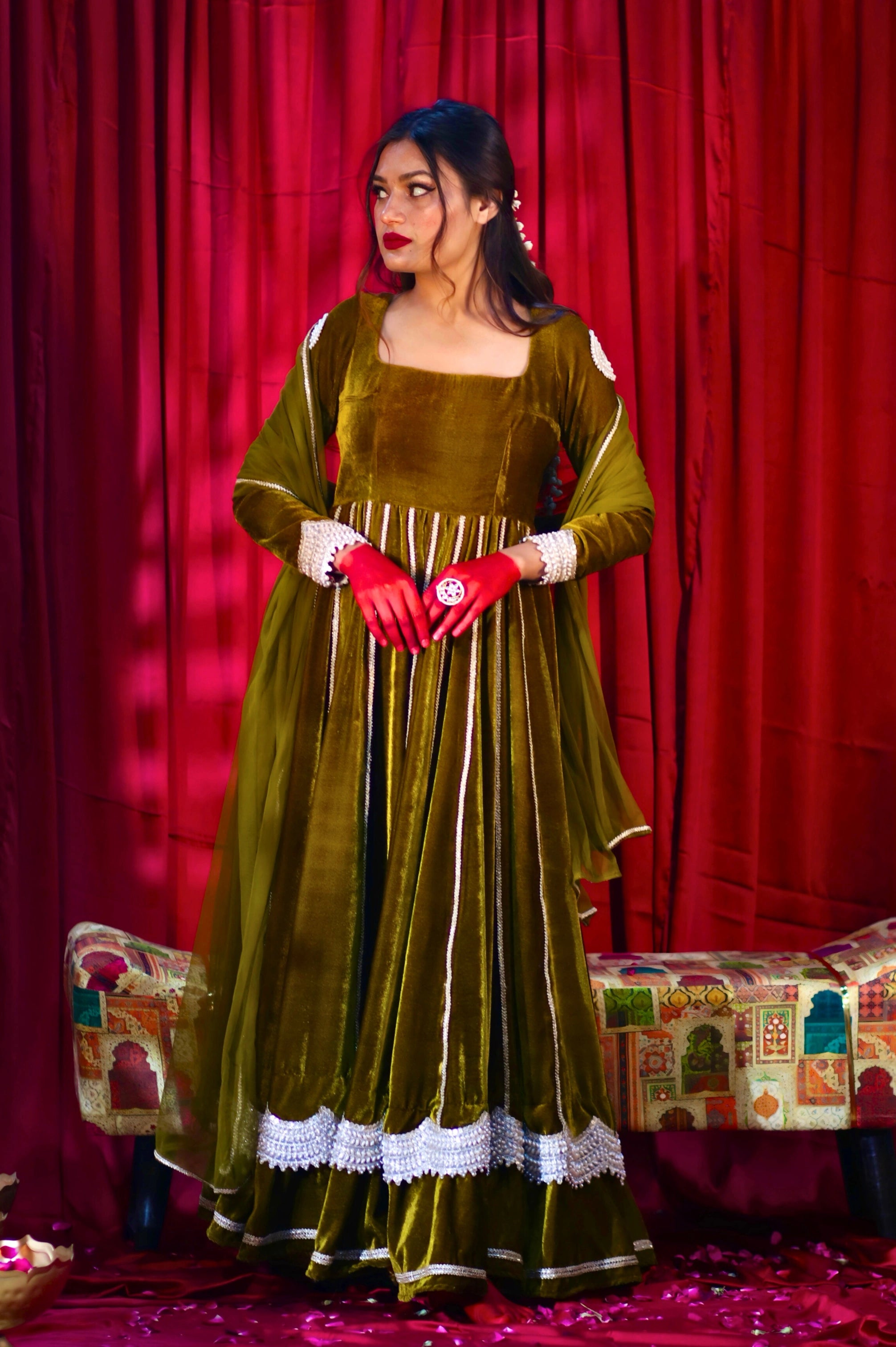 OLIVE GREEN VELVET ANARKALI WITH DUPATTA  (HEAVY FLAIR WITH EMBROIDERY)