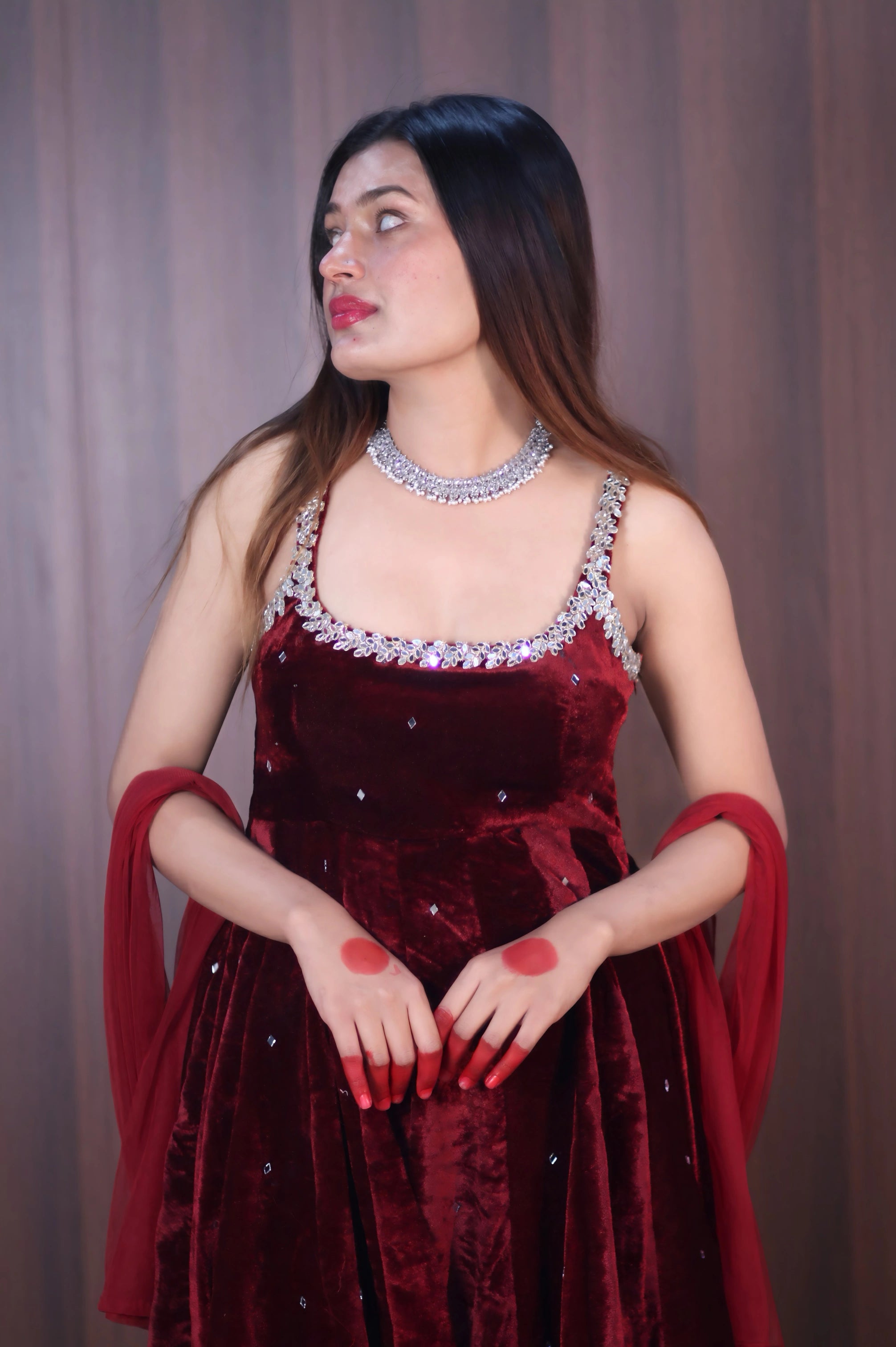 MAROON VELVET ANARKALI WITH HEAVY MIRROR WORK, PANT & DUPATTA