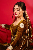 Olive Green Velvet Anarkali With Dupatta  (Heavy Flair With Embroidery)