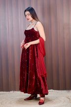 Maroon Velvet Anarkali With Heavy Mirror Work, Pant & Dupatta