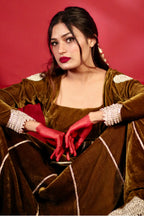 Olive Green Velvet Anarkali With Dupatta  (Heavy Flair With Embroidery)