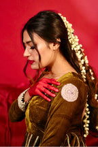 Olive Green Velvet Anarkali With Dupatta  (Heavy Flair With Embroidery)