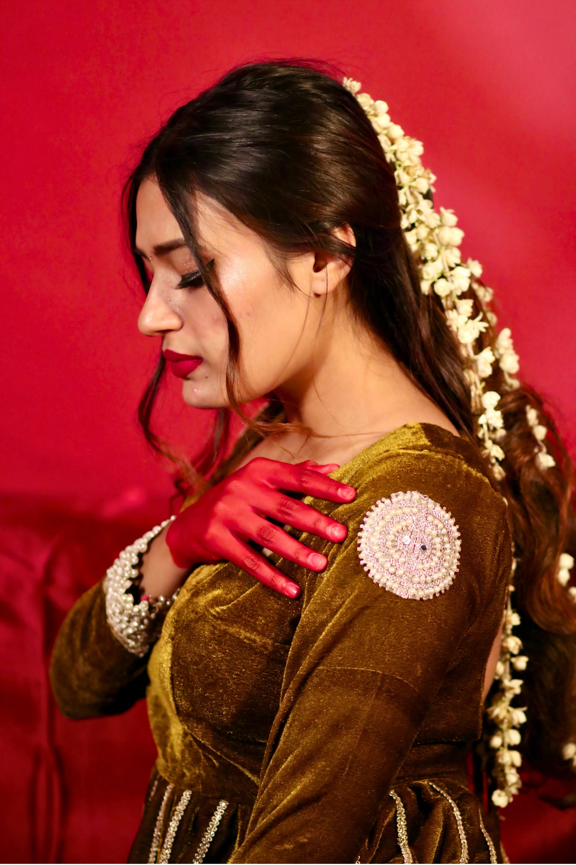 OLIVE GREEN VELVET ANARKALI WITH DUPATTA  (HEAVY FLAIR WITH EMBROIDERY)