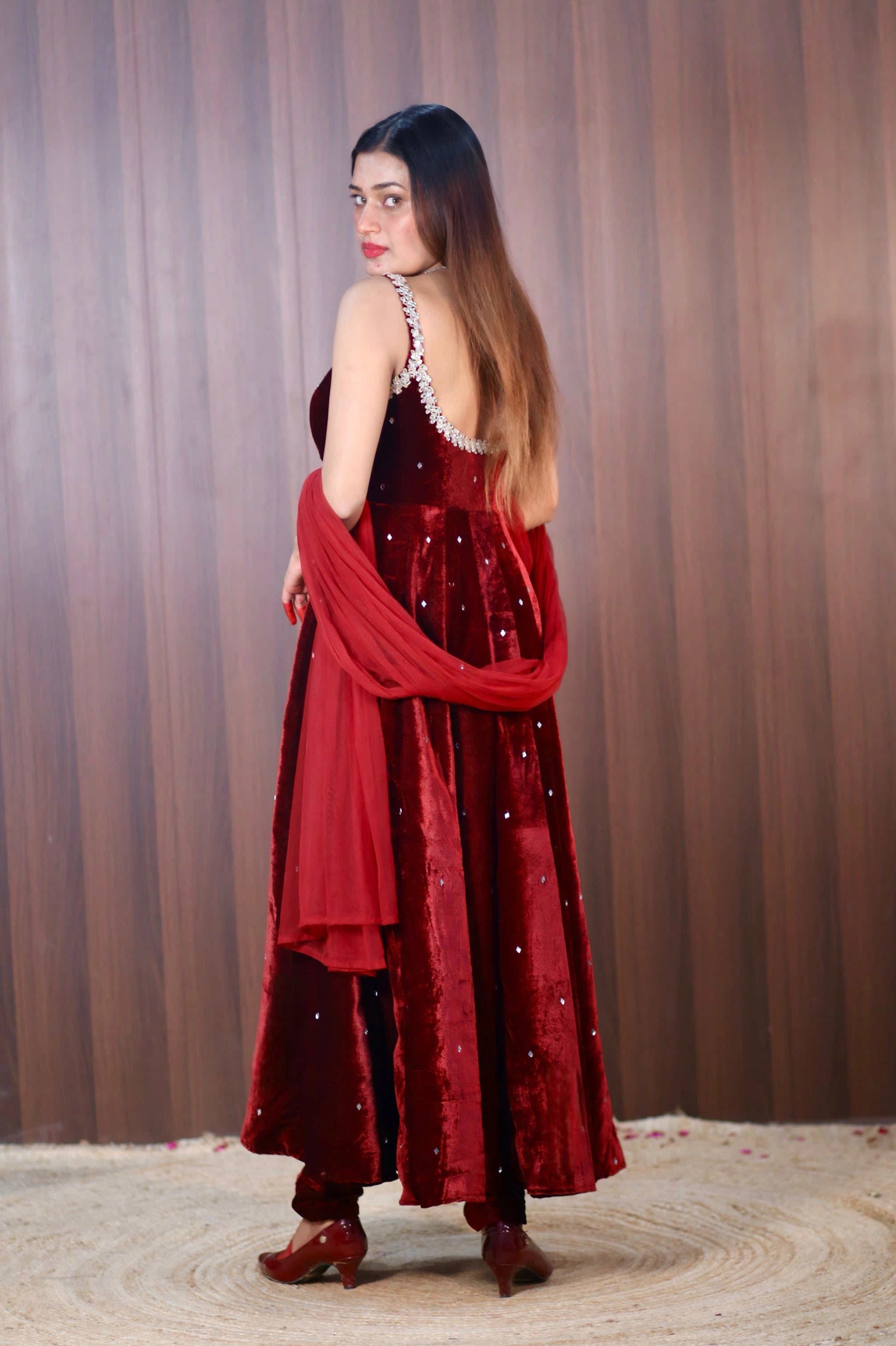 MAROON VELVET ANARKALI WITH HEAVY MIRROR WORK, PANT & DUPATTA