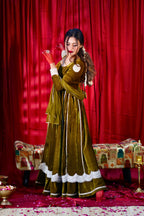 Olive Green Velvet Anarkali With Dupatta  (Heavy Flair With Embroidery)