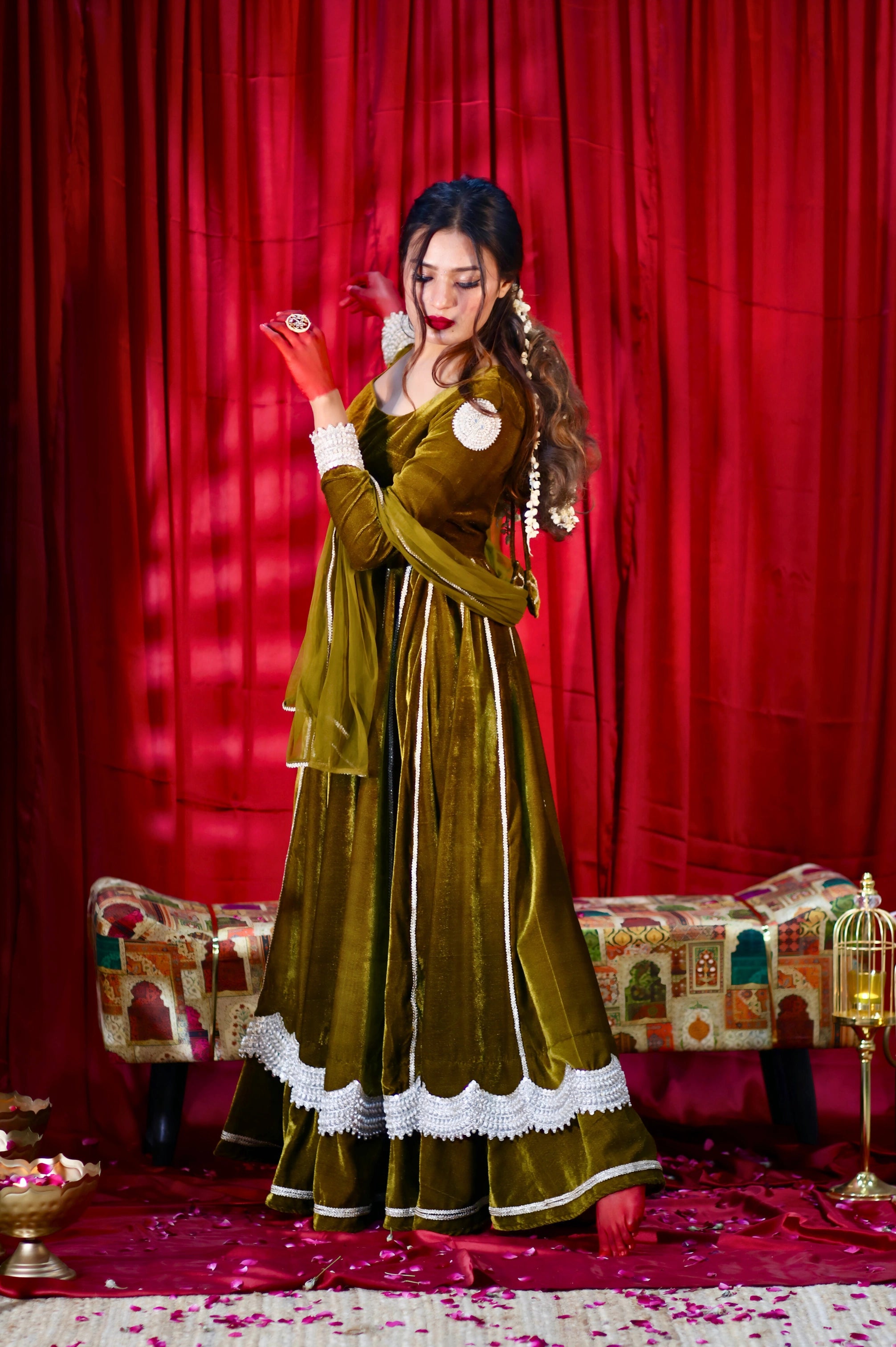 OLIVE GREEN VELVET ANARKALI WITH DUPATTA  (HEAVY FLAIR WITH EMBROIDERY)