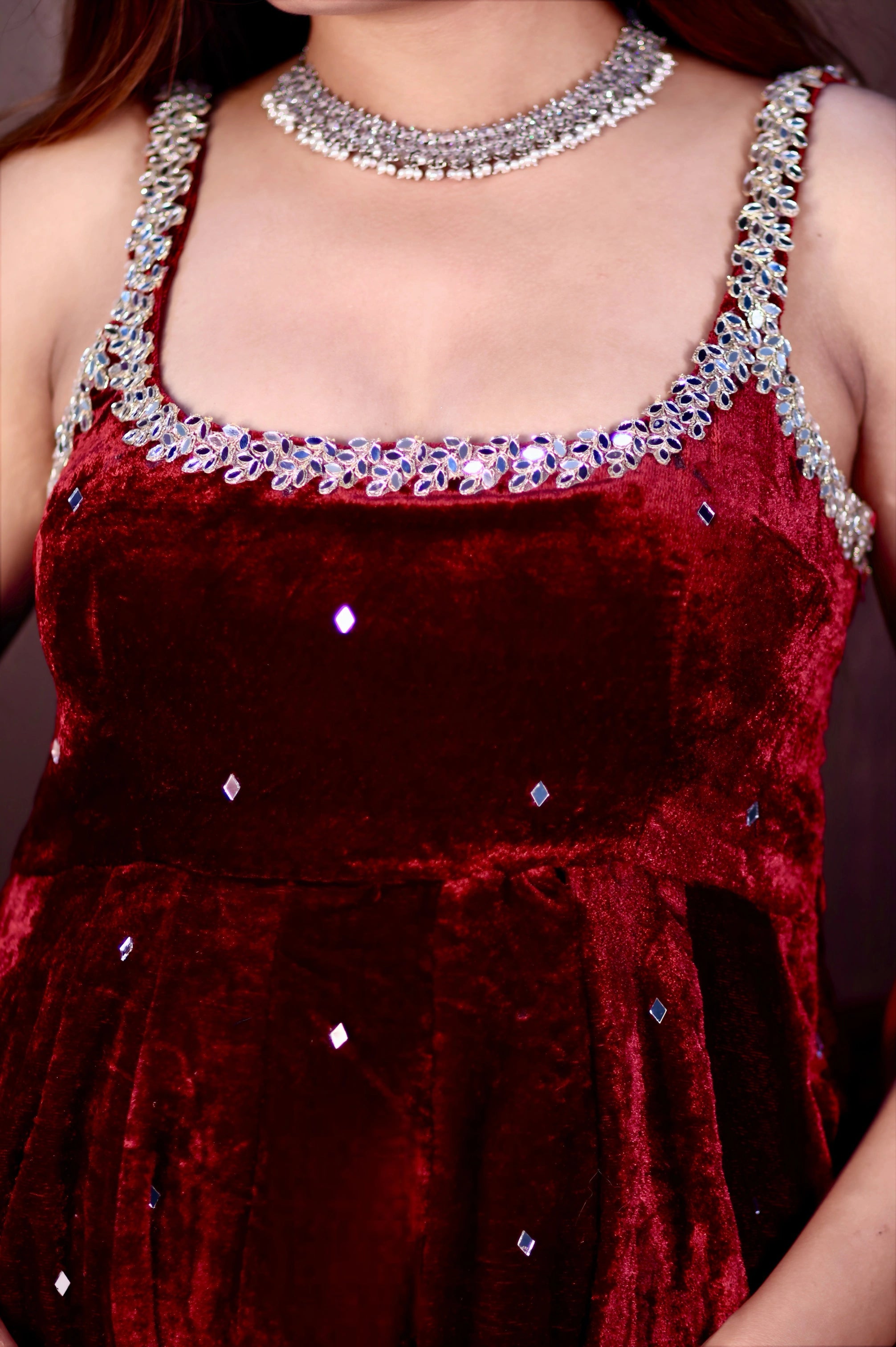 MAROON VELVET ANARKALI WITH HEAVY MIRROR WORK, PANT & DUPATTA