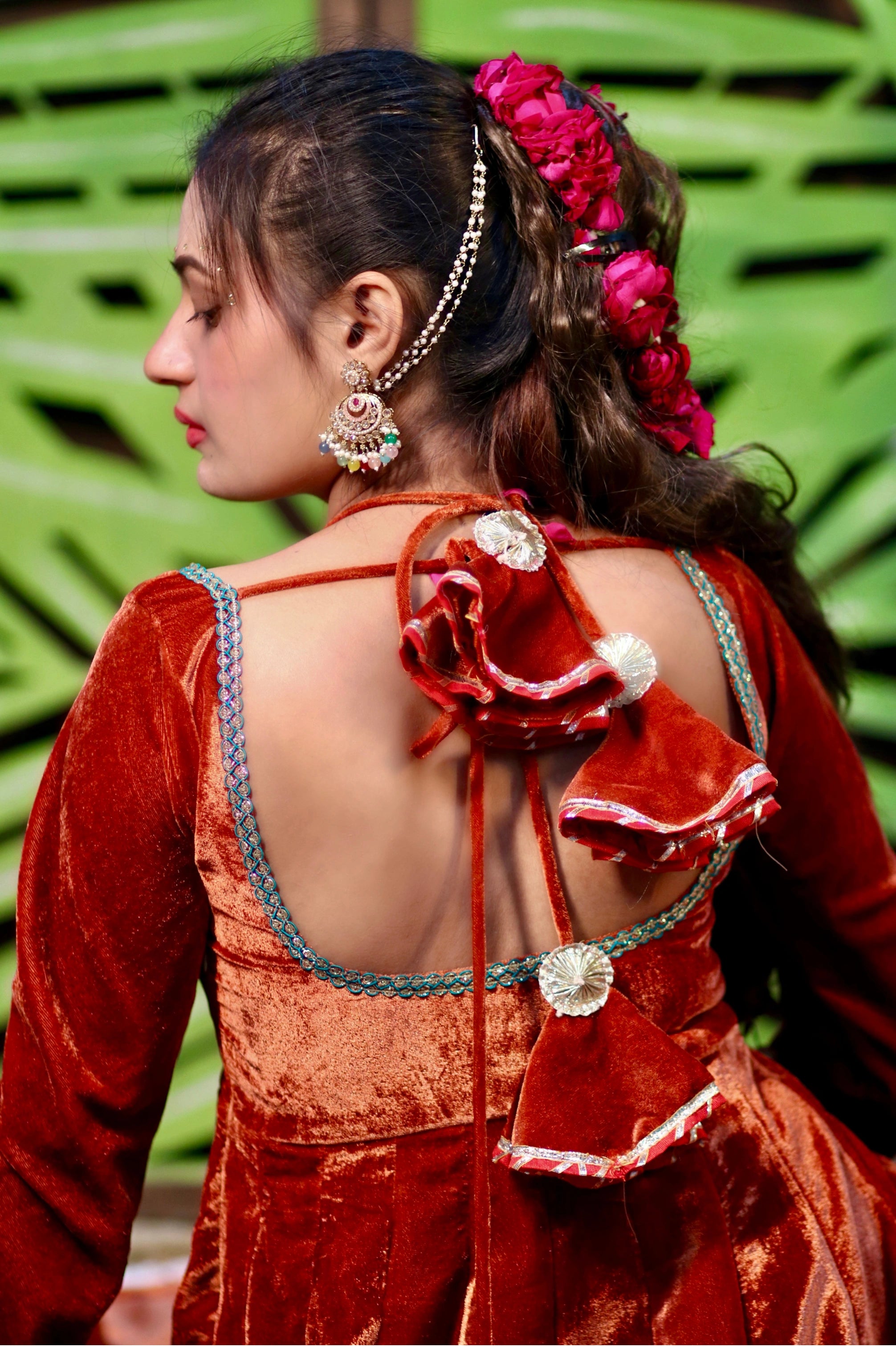 RUST COLOUR VELVET ANARKALI WITH DUPATTA (HEAVY FLAIR)