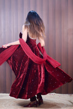 Maroon Velvet Anarkali With Heavy Mirror Work, Pant & Dupatta