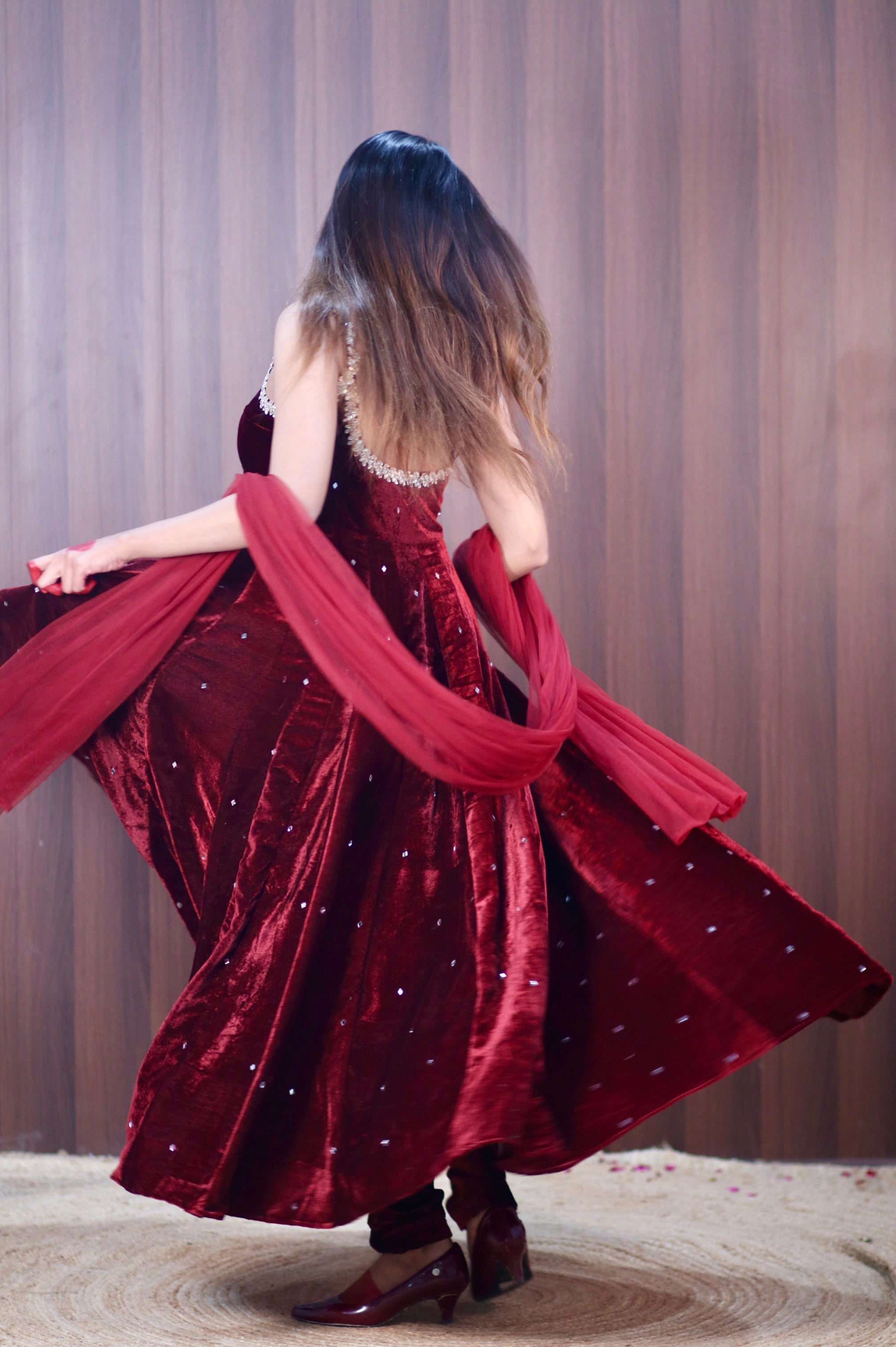 MAROON VELVET ANARKALI WITH HEAVY MIRROR WORK, PANT & DUPATTA