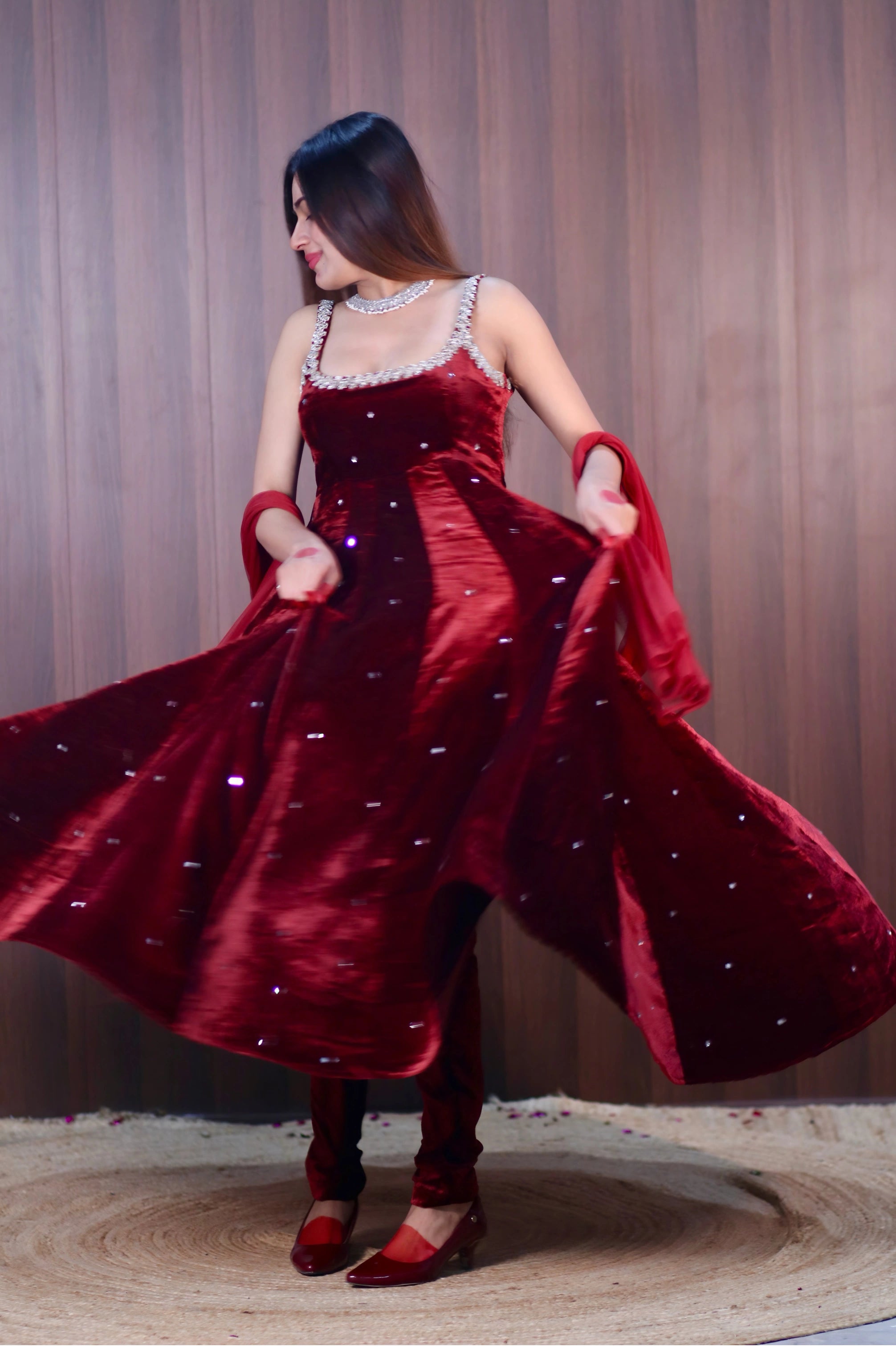 MAROON VELVET ANARKALI WITH HEAVY MIRROR WORK, PANT & DUPATTA