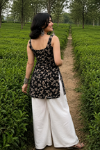 Black Leaf Print Sleeveless Kurti