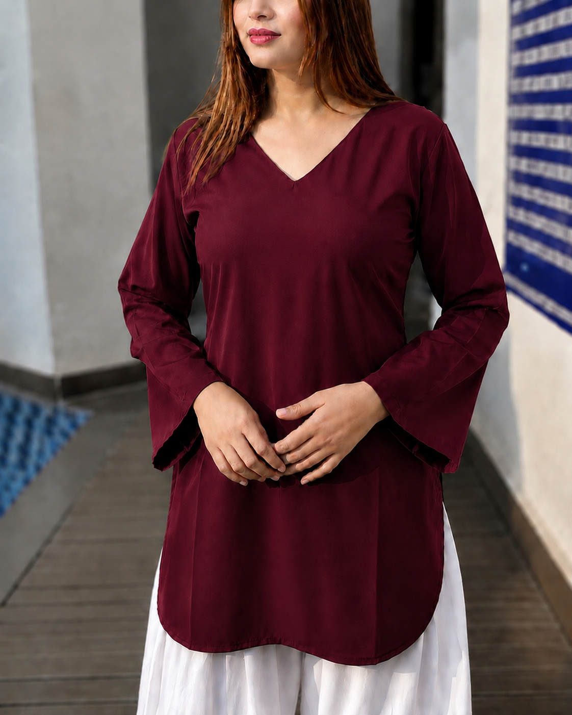 Buy 1 Get 1 Pure Crape Bell Sleeves Kurti - Maroon