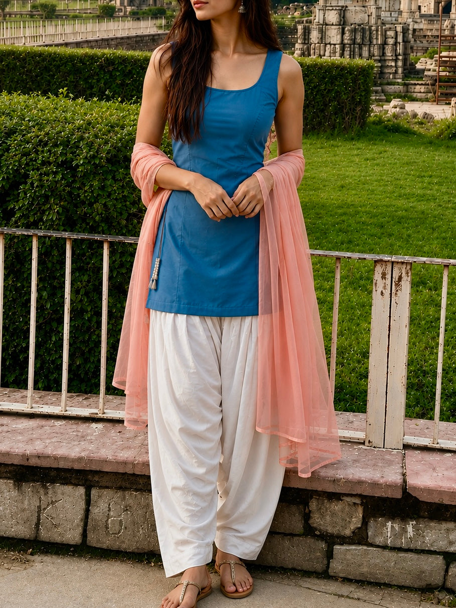 YJHD Deepika Inspired Suit Set, Pure Rayon Sleeveless Kurti With Off White Salwar And Dark Peach Duppata