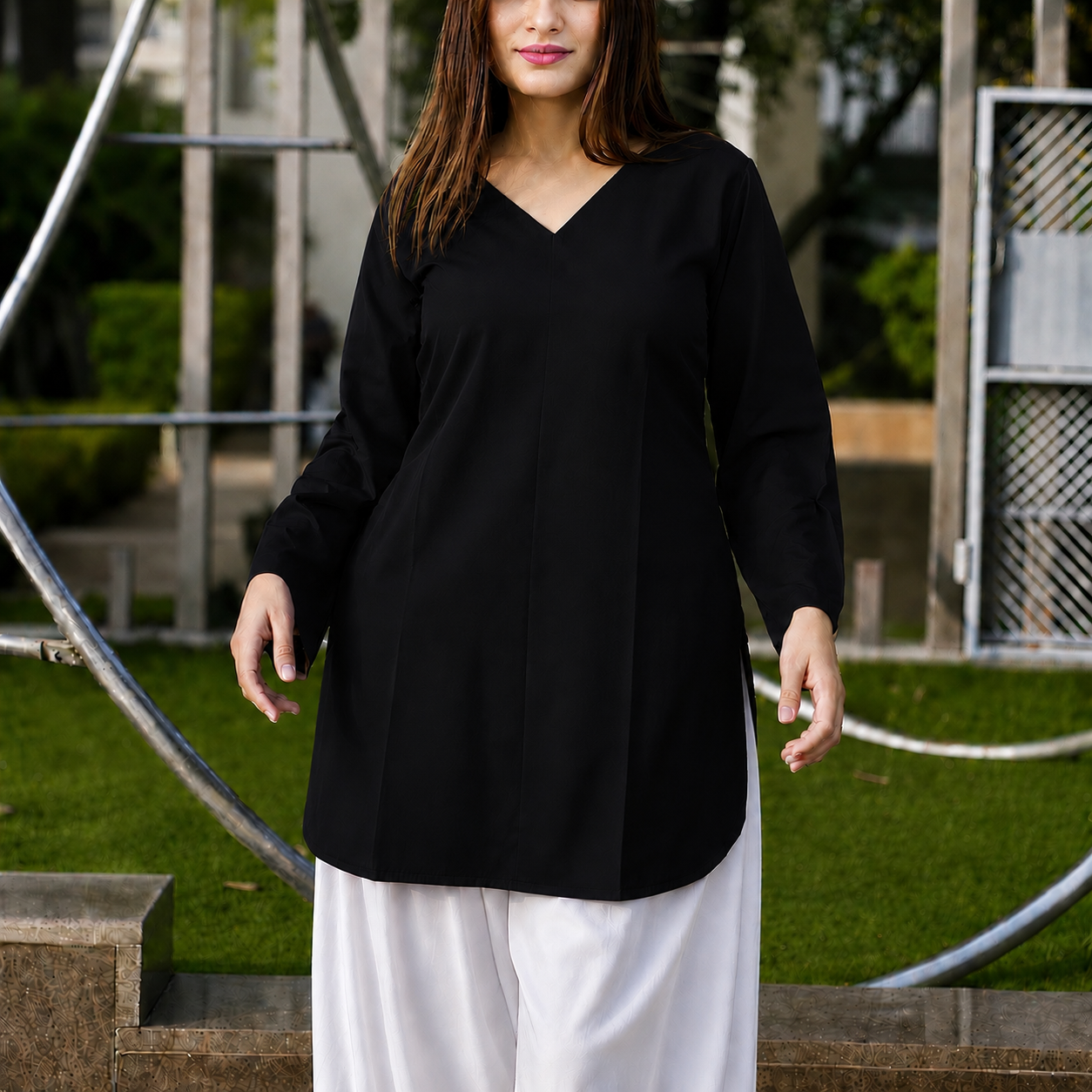 Buy 1 Get 1 Pure Crape Bell Sleeves Kurti - Black