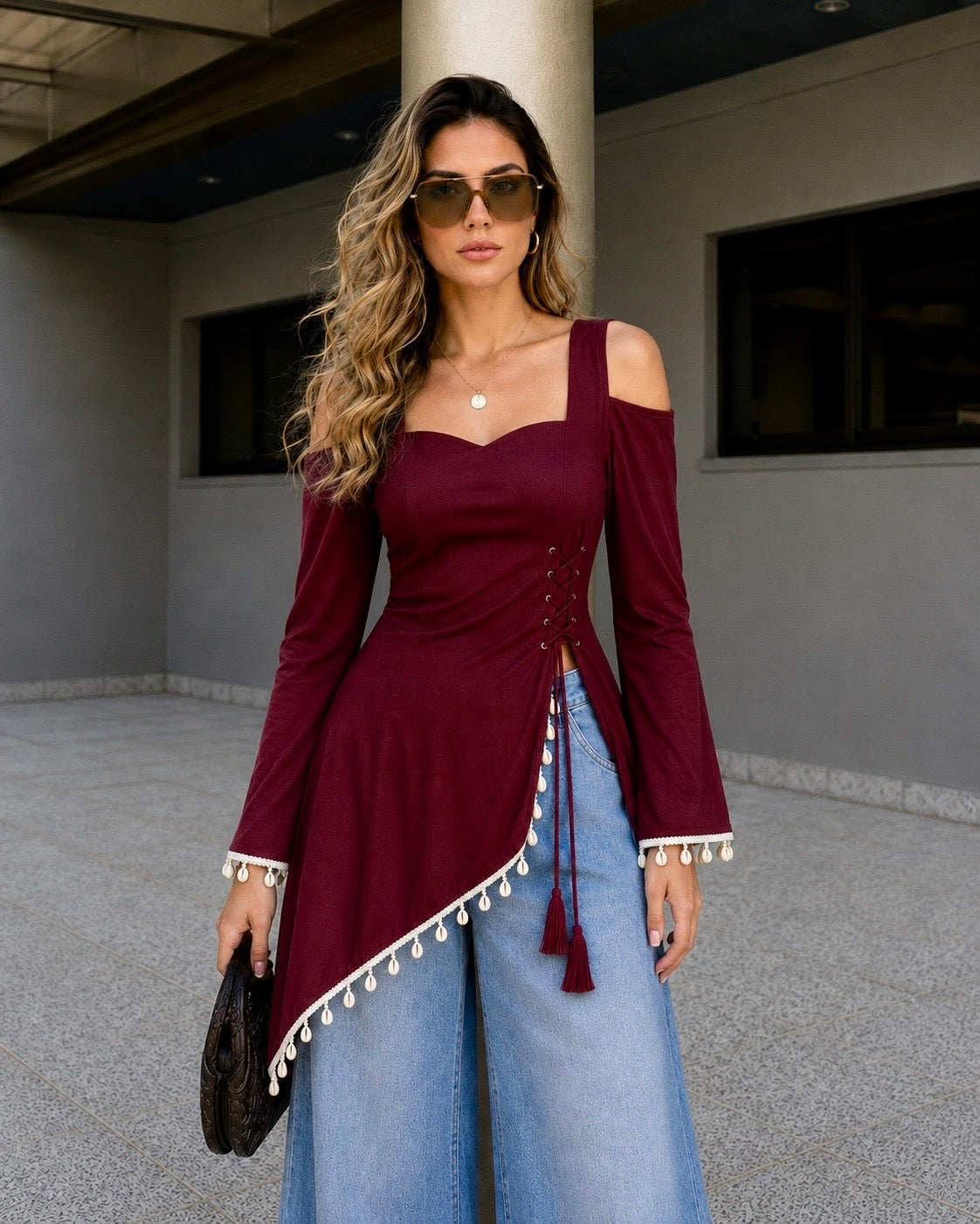 Trending Front Slit Cris-Cross Design With Corset Back Kurti With Lace Work